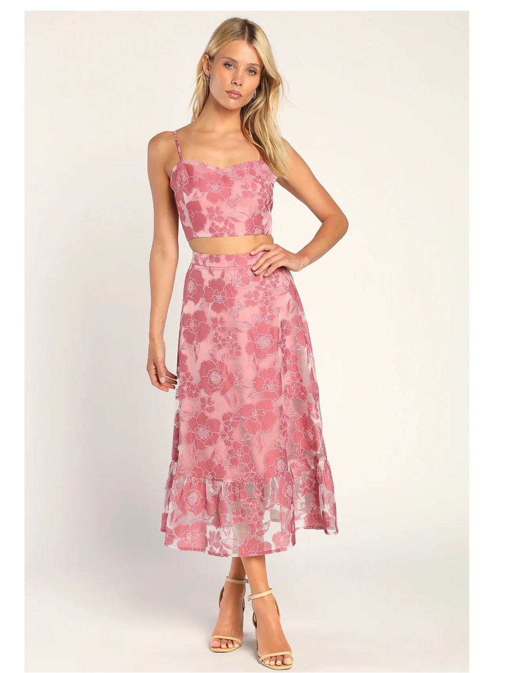 Lulus Certainly Stylish Mauve Pink Burnout Floral Two-piece Midi Skirt Dress M